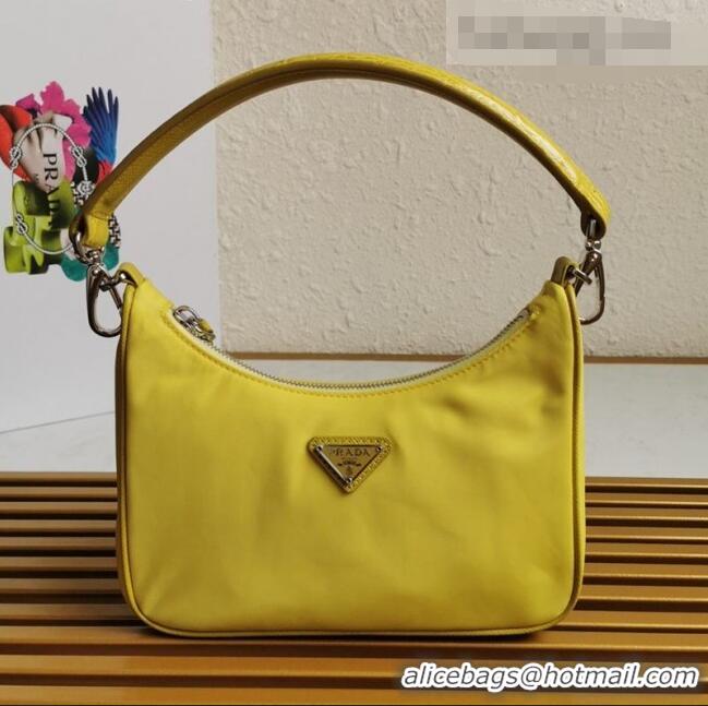 Buy Discount Prada Re-Edition 2005 Nylon and Crocodile Leather Hobo Bag 1BC204 Yellow 2021 