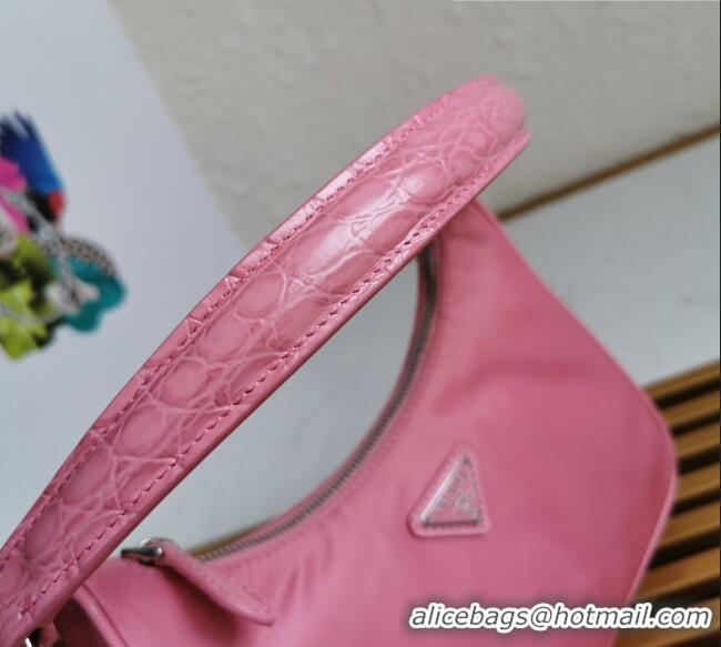 Low Cost Prada Re-Edition 2005 Nylon and Crocodile Leather Hobo Bag 1BC204 Pink 2021