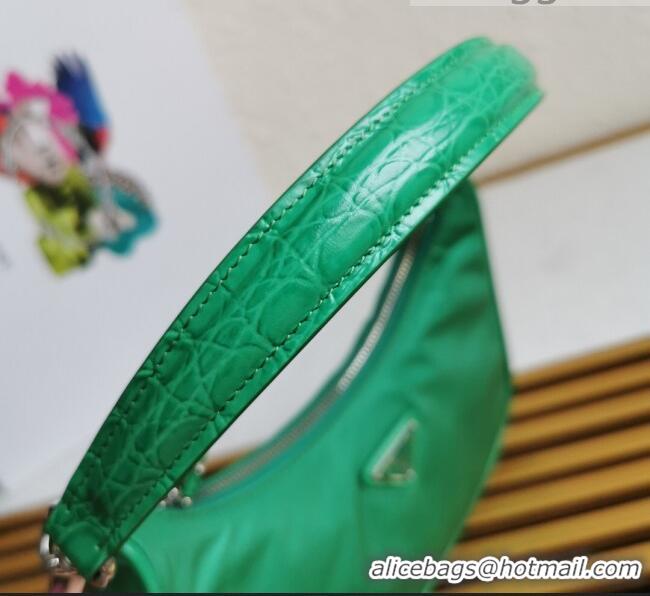 Super Quality Prada Re-Edition 2005 Nylon and Crocodile Leather Hobo Bag 1BC204 Green 2021 