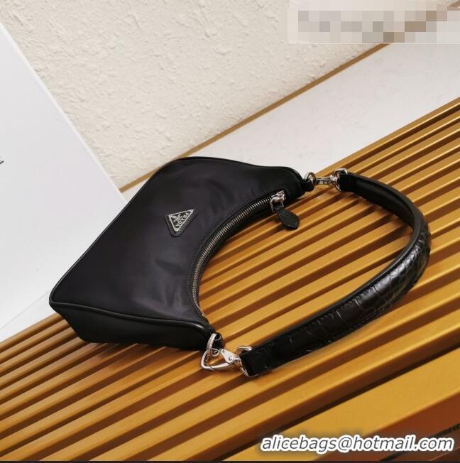 Good Product Prada Re-Edition 2005 Nylon and Crocodile Leather Hobo Bag 1BC204 Black 2021