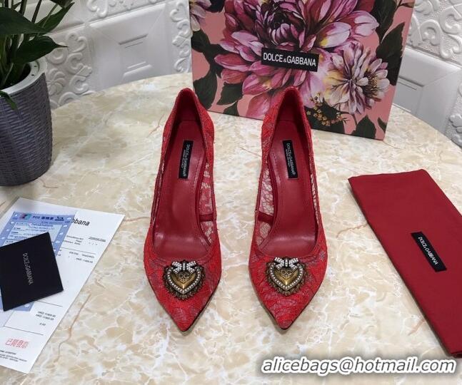 Fashion Dolce&Gabbana DG Lace High- Heel Pumps 10.5cm 033175 Red 2021