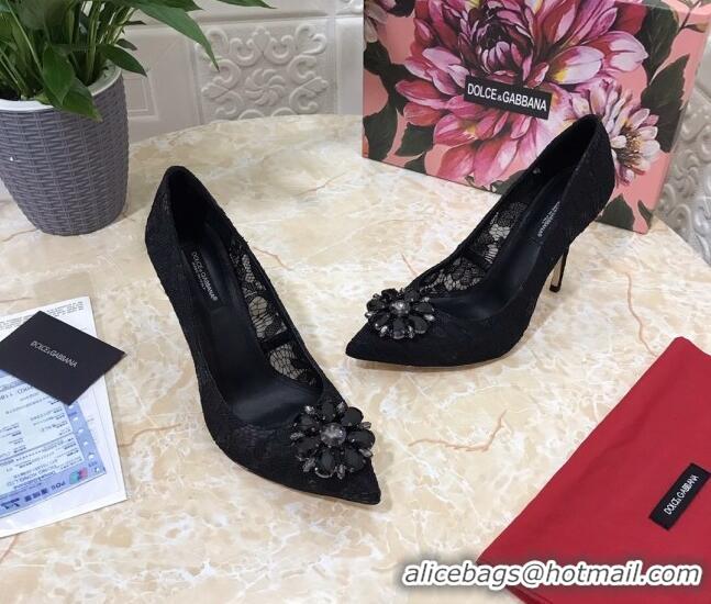 New Style Dolce&Gabbana DG Lace Crystal High- Heel Pumps 10.5cm 033181 Black