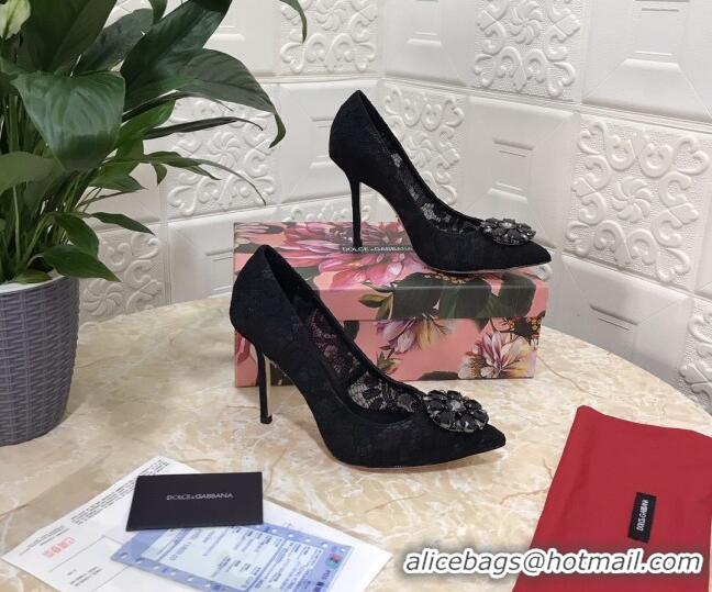 New Style Dolce&Gabbana DG Lace Crystal High- Heel Pumps 10.5cm 033181 Black