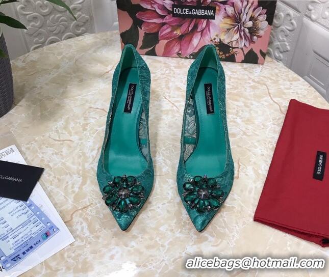 Popular Dolce&Gabbana DG Lace Crystal High- Heel Pumps 10.5cm 033181 Green 2021