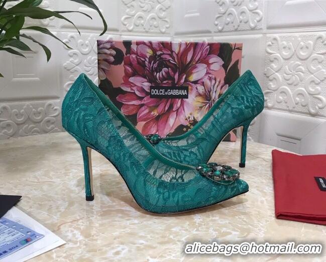 Popular Dolce&Gabbana DG Lace Crystal High- Heel Pumps 10.5cm 033181 Green 2021