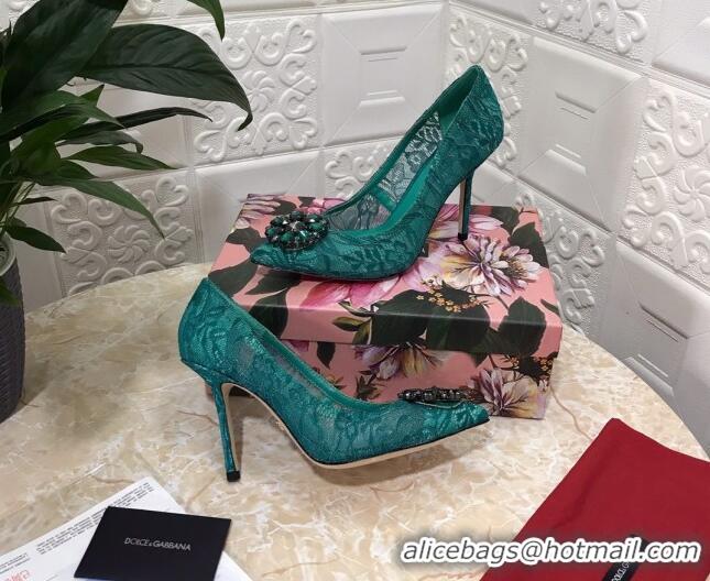 Popular Dolce&Gabbana DG Lace Crystal High- Heel Pumps 10.5cm 033181 Green 2021