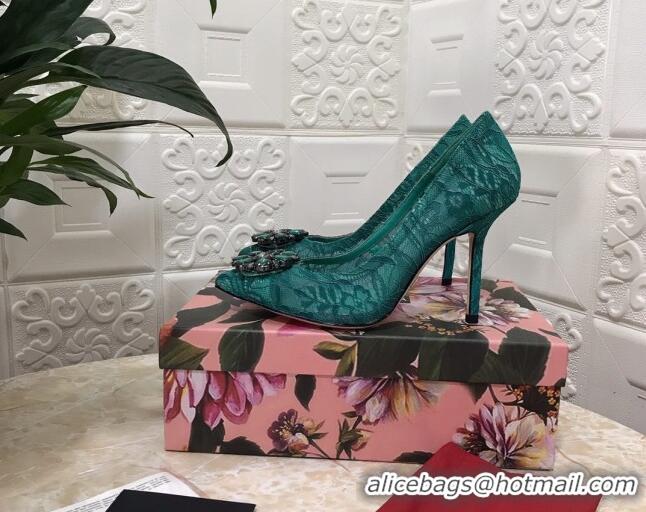 Popular Dolce&Gabbana DG Lace Crystal High- Heel Pumps 10.5cm 033181 Green 2021