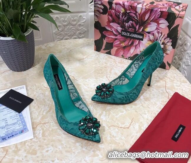 Popular Dolce&Gabbana DG Lace Crystal High- Heel Pumps 10.5cm 033181 Green 2021