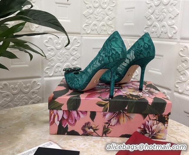 Popular Dolce&Gabbana DG Lace Crystal High- Heel Pumps 10.5cm 033181 Green 2021