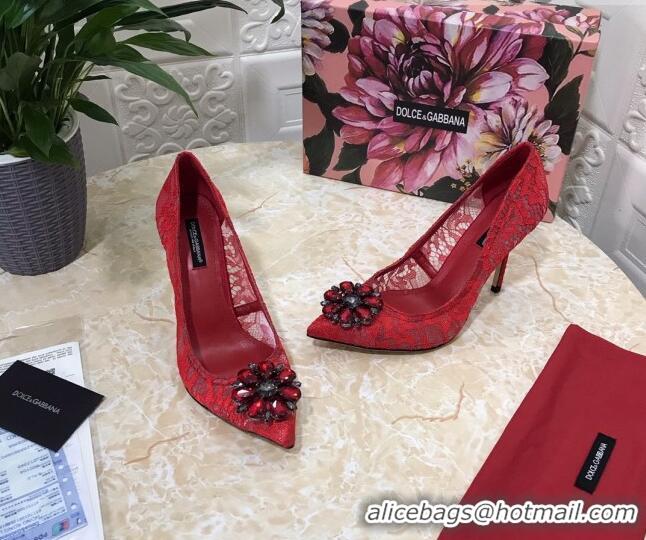 Best Design Dolce&Gabbana DG Lace Crystal High- Heel Pumps 10.5cm 033181 Red 2021