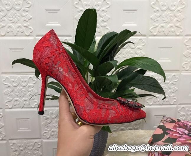 Best Design Dolce&Gabbana DG Lace Crystal High- Heel Pumps 10.5cm 033181 Red 2021