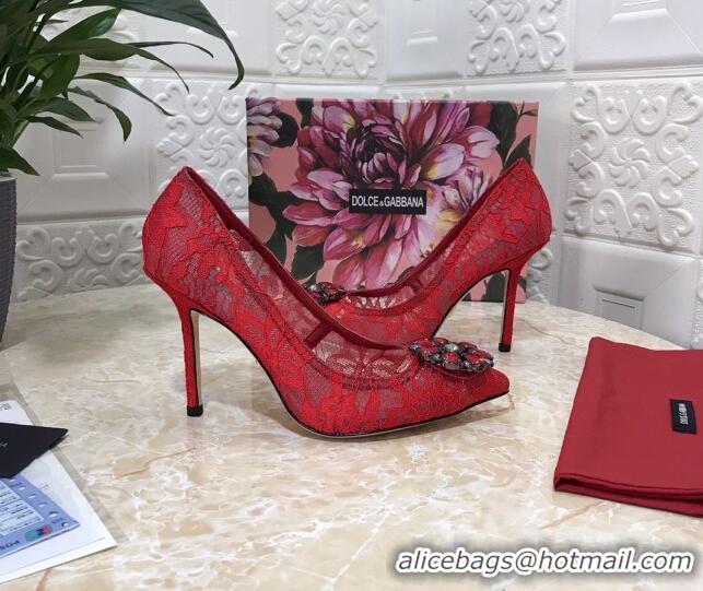 Best Design Dolce&Gabbana DG Lace Crystal High- Heel Pumps 10.5cm 033181 Red 2021