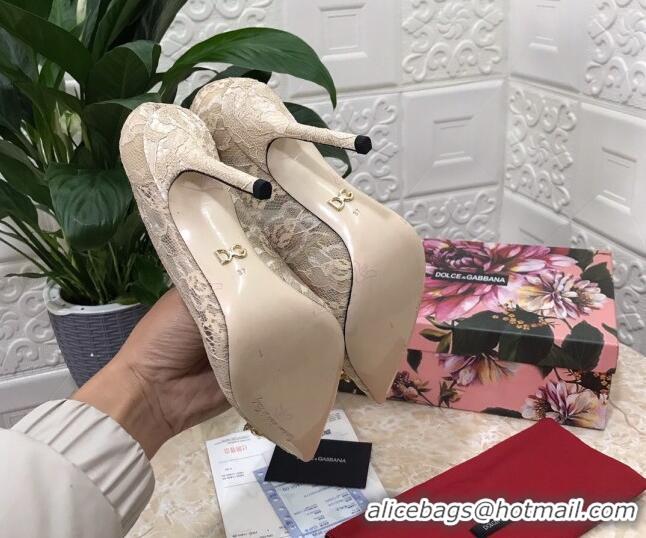 Perfect Dolce&Gabbana DG Lace Crystal High- Heel Pumps 10.5cm 033181 Beige 2021