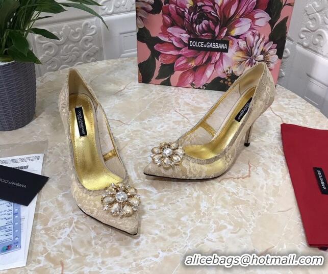 Perfect Dolce&Gabbana DG Lace Crystal High- Heel Pumps 10.5cm 033181 Beige 2021