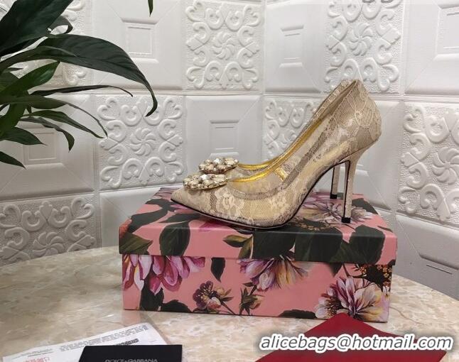 Perfect Dolce&Gabbana DG Lace Crystal High- Heel Pumps 10.5cm 033181 Beige 2021