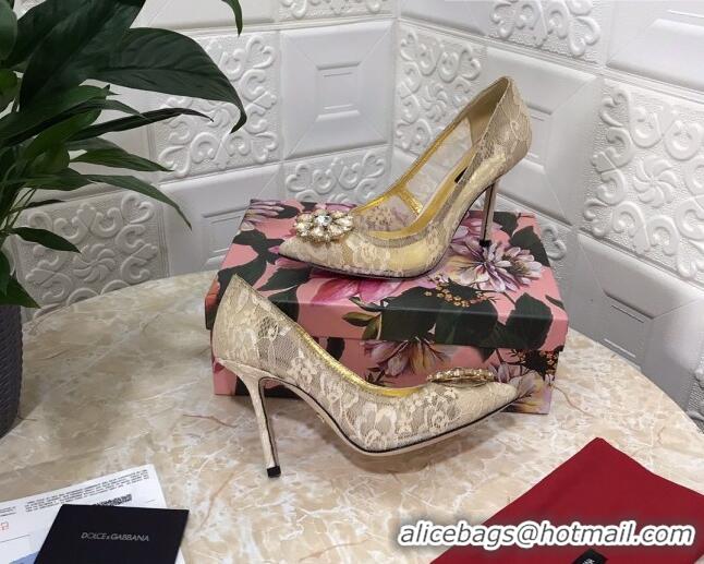 Perfect Dolce&Gabbana DG Lace Crystal High- Heel Pumps 10.5cm 033181 Beige 2021