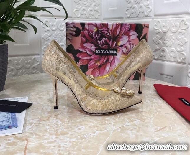 Perfect Dolce&Gabbana DG Lace Crystal High- Heel Pumps 10.5cm 033181 Beige 2021