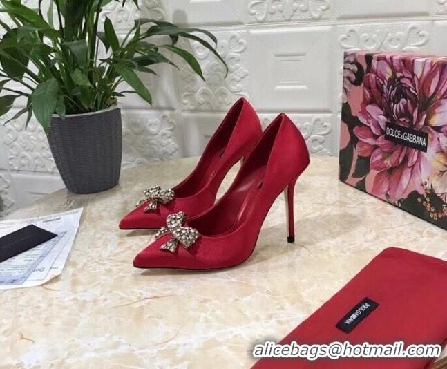 Cute Dolce&Gabbana DG Silk Crystal Bow Pumps 10.5cm 060842 Red 2021