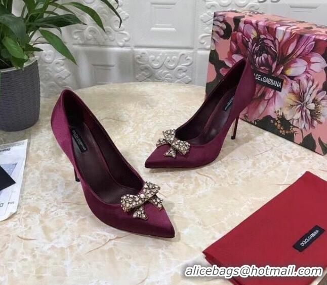 Best Luxury Dolce&Gabbana DG Silk Crystal Bow Pumps 10.5cm 060842 Burgundy 2021