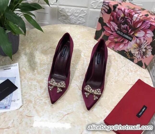 Best Luxury Dolce&Gabbana DG Silk Crystal Bow Pumps 10.5cm 060842 Burgundy 2021