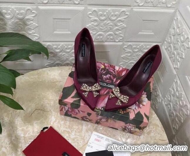 Best Luxury Dolce&Gabbana DG Silk Crystal Bow Pumps 10.5cm 060842 Burgundy 2021