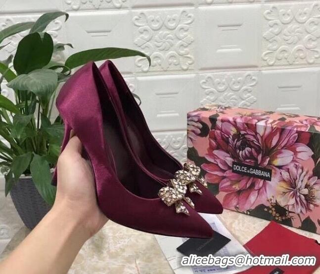 Best Luxury Dolce&Gabbana DG Silk Crystal Bow Pumps 10.5cm 060842 Burgundy 2021