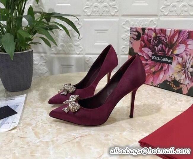 Best Luxury Dolce&Gabbana DG Silk Crystal Bow Pumps 10.5cm 060842 Burgundy 2021