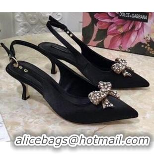 Fashion Dolce&Gabbana DG Silk Crystal Bow Slingback Pumps 6.5cm 060848 Black 2021