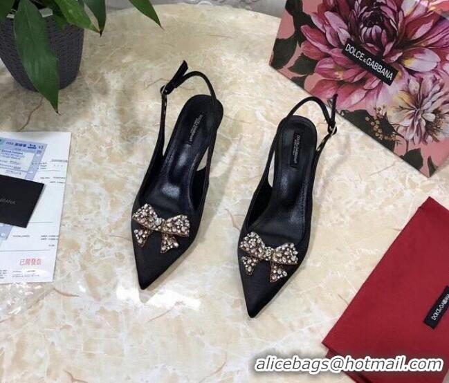 Fashion Dolce&Gabbana DG Silk Crystal Bow Slingback Pumps 6.5cm 060848 Black 2021