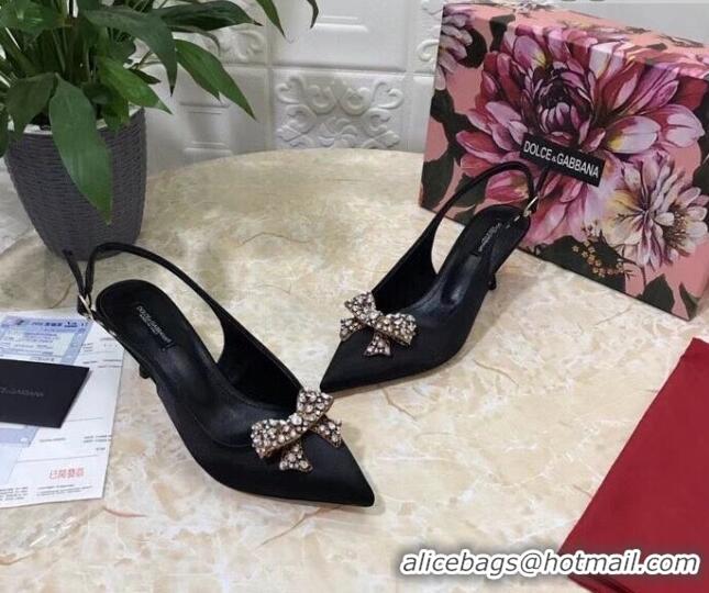 Fashion Dolce&Gabbana DG Silk Crystal Bow Slingback Pumps 6.5cm 060848 Black 2021