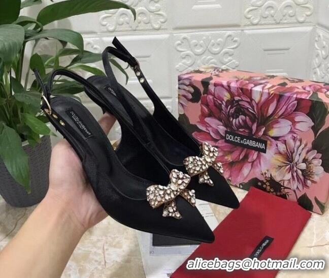 Fashion Dolce&Gabbana DG Silk Crystal Bow Slingback Pumps 6.5cm 060848 Black 2021