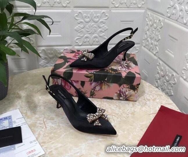 Fashion Dolce&Gabbana DG Silk Crystal Bow Slingback Pumps 6.5cm 060848 Black 2021