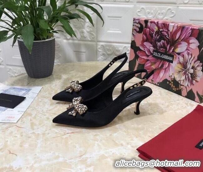 Fashion Dolce&Gabbana DG Silk Crystal Bow Slingback Pumps 6.5cm 060848 Black 2021