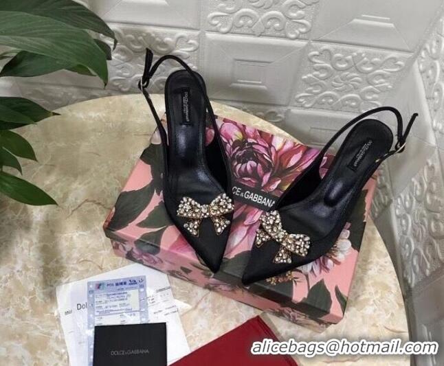 Fashion Dolce&Gabbana DG Silk Crystal Bow Slingback Pumps 6.5cm 060848 Black 2021