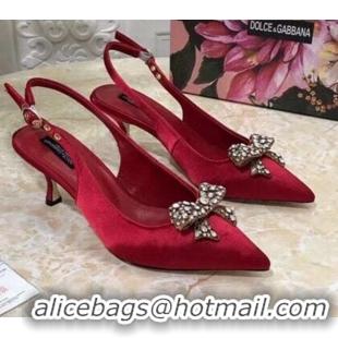 Good Quality Dolce&Gabbana DG Silk Crystal Bow Slingback Pumps 6.5cm 060848 Red 2021