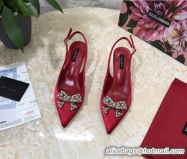 Good Quality Dolce&Gabbana DG Silk Crystal Bow Slingback Pumps 6.5cm 060848 Red 2021