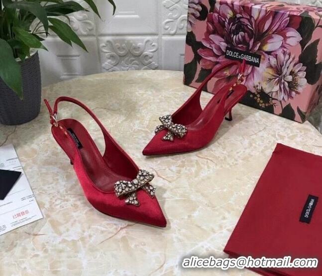 Good Quality Dolce&Gabbana DG Silk Crystal Bow Slingback Pumps 6.5cm 060848 Red 2021