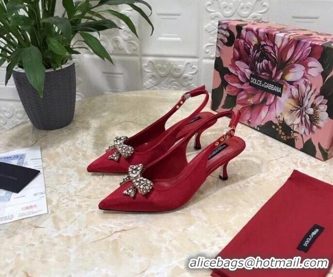 Good Quality Dolce&Gabbana DG Silk Crystal Bow Slingback Pumps 6.5cm 060848 Red 2021