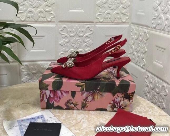 Good Quality Dolce&Gabbana DG Silk Crystal Bow Slingback Pumps 6.5cm 060848 Red 2021