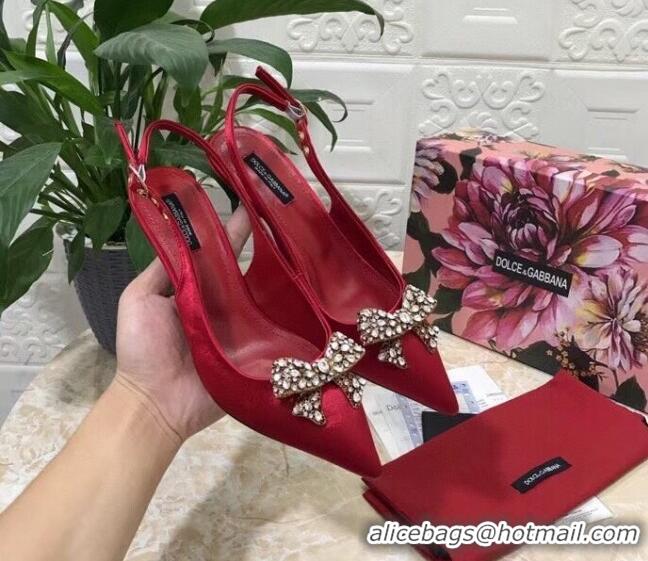 Good Quality Dolce&Gabbana DG Silk Crystal Bow Slingback Pumps 6.5cm 060848 Red 2021