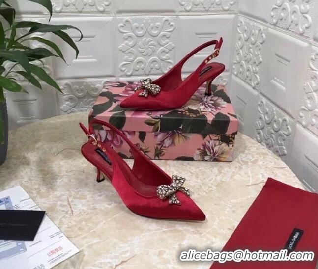 Good Quality Dolce&Gabbana DG Silk Crystal Bow Slingback Pumps 6.5cm 060848 Red 2021