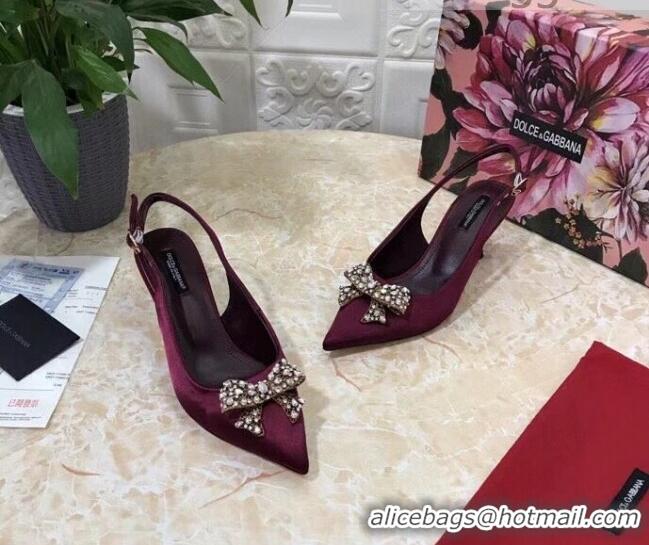 Low Cost Dolce&Gabbana DG Silk Crystal Bow Slingback Pumps 6.5cm 060848 Burgundy 2021