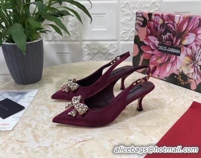 Low Cost Dolce&Gabbana DG Silk Crystal Bow Slingback Pumps 6.5cm 060848 Burgundy 2021