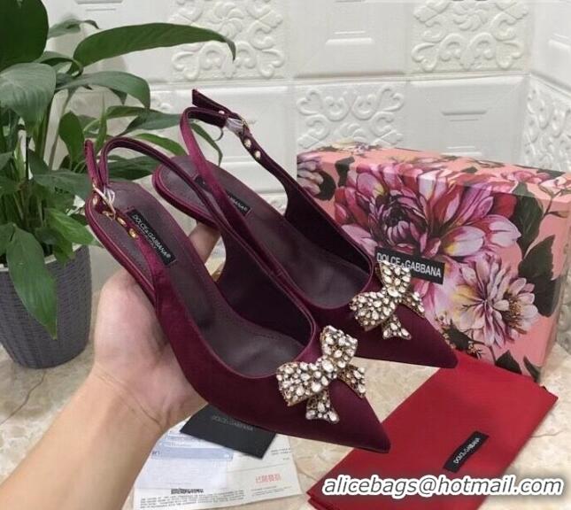 Low Cost Dolce&Gabbana DG Silk Crystal Bow Slingback Pumps 6.5cm 060848 Burgundy 2021