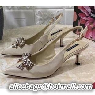 New Style Dolce&Gabbana DG Silk Crystal Bow Slingback Pumps 6.5cm 060848 Apricot 2021