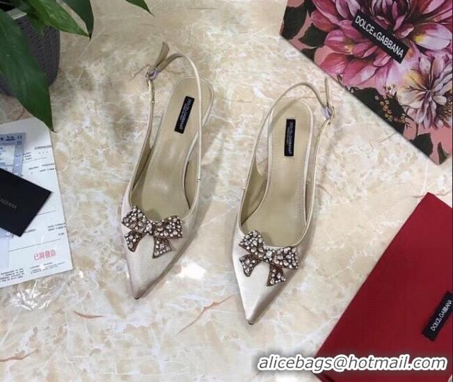 New Style Dolce&Gabbana DG Silk Crystal Bow Slingback Pumps 6.5cm 060848 Apricot 2021