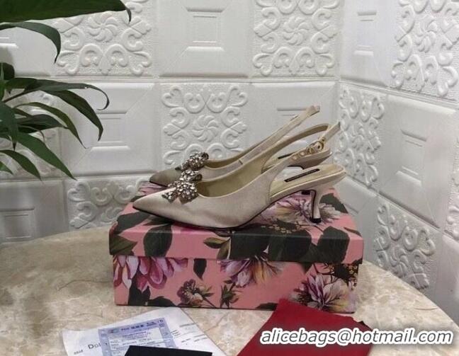 New Style Dolce&Gabbana DG Silk Crystal Bow Slingback Pumps 6.5cm 060848 Apricot 2021