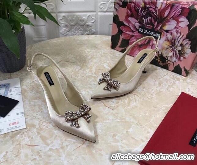 New Style Dolce&Gabbana DG Silk Crystal Bow Slingback Pumps 6.5cm 060848 Apricot 2021