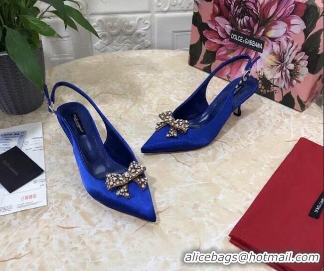 Low Price Dolce&Gabbana DG Silk Crystal Bow Slingback Pumps 6.5cm 060848 Blue 2021