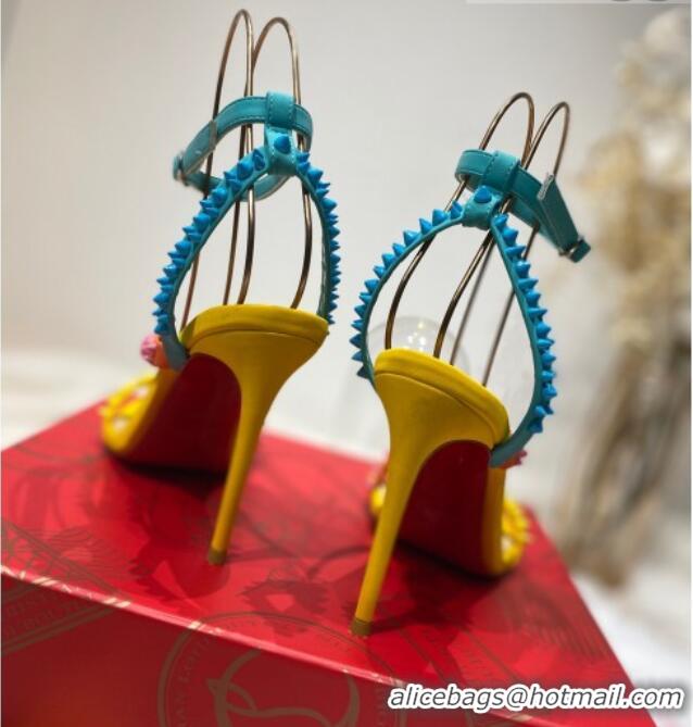 Popular Style Christian Louboutin Silver Studde Sandals 10cm 042814 Yellow/Pink/Blue 2021